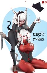 Rule 34 | 2girls, @ @, alcohol, black horns, black pants, black suit, black tail, breast rest, breasts, breasts on head, cup, demon girl, demon horns, drinking glass, gloves, heart, heart-shaped eyes, heart background, helltaker, highres, horns, kneeling, large breasts, lucifer (helltaker), modeus (helltaker), multiple girls, pants, pantyhose, red eyes, red legwear, red sweater, ribbed sweater, smile, staiksdono, suit, sweater, tail, torn clothes, torn legwear, white gloves, white hair, white horns, wine, wine glass