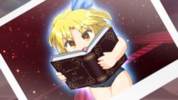 Rule 34 | alice margatroid, alice margatroid (pc-98), blonde hair, blue hairband, blue ribbon, blue one-piece swimsuit, book, commentary request, grimoire of alice, hair ribbon, hairband, holding, holding book, old school swimsuit, one-piece swimsuit, open mouth, photo (object), ribbon, school swimsuit, short hair, solo, swimsuit, touhou, touhou (pc-98), winn, yellow eyes