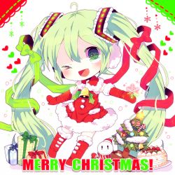 Rule 34 | 1girl, ahoge, bad id, bad pixiv id, bell, boots, cake, chibi, christmas, christmas tree, earmuffs, elbow gloves, food, gift, gloves, green eyes, green hair, haru431, hatsune miku, long hair, matching hair/eyes, merry christmas, mittens, one eye closed, open mouth, outstretched arms, red gloves, santa costume, snowman, solo, spread arms, twintails, very long hair, vocaloid, wink