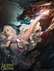 Rule 34 | 1girl, absurdres, battle, blonde hair, blue eyes, commentary, dated, dong-wook shin, dress, highres, kicking, legend of the cryptids, lips, long hair, nose, off-shoulder dress, off shoulder, princess, princess rodes, realistic, solo focus, tiara