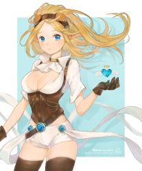 Rule 34 | 1girl, alternate costume, anshu (o9jucea), arm at side, ascot, belt, blonde hair, blue eyes, breasts, brown ascot, brown gloves, brown thighhighs, choker, cleavage, commentary request, corset, cowboy shot, eyelashes, gem, gloves, goggles, goggles on head, hand up, heart, hextech janna, janna (league of legends), league of legends, long hair, looking at viewer, medium breasts, no bra, open clothes, open shirt, parted bangs, parted lips, pointy ears, shirt, short shorts, short sleeves, shorts, solo, standing, teeth, thighhighs, tumblr username, white ascot, white shirt, white shorts