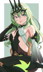 Rule 34 | 1girl, absurdres, asymmetrical gloves, bare shoulders, black dress, black gloves, border, breasts, claw ring, closed mouth, crown, dress, forked tongue, gloves, green background, green eyes, green hair, highres, honkai (series), honkai impact 3rd, long hair, looking at viewer, mismatched gloves, mobius (honkai impact), saliva, single sleeve, slit pupils, small breasts, smile, solo, tongue, tongue out, white border, yinyu (yinyu1999)