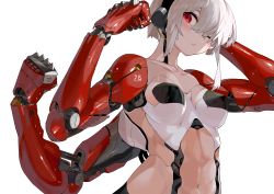 Rule 34 | 1girl, absurdres, android, blush, breasts, extra arms, highres, looking at viewer, mechanical arms, navel, one eye closed, original, red eyes, short hair, simple background, solo, white background, white hair, yunimaru