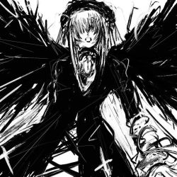 Rule 34 | 00s, greyscale, hair over eyes, monochrome, rozen maiden, sketch, solo, suigintou, unso