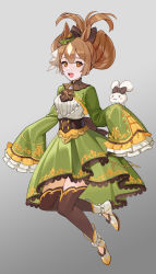 Rule 34 | 1girl, animal ears, boots, borrowed hairstyle, bow, breasts, brown eyes, brown hair, brown thighhighs, cinnamiku hairstyle, cinnamoroll, commentary request, crossover, ear bow, frilled shirt, frilled sleeves, frills, full body, gradient background, green skirt, grey background, highres, horse ears, long sleeves, medium breasts, multicolored hair, naeng chim, pleated skirt, sanrio, satono diamond (umamusume), shirt, shrug (clothing), skirt, sleeves past fingers, sleeves past wrists, thighhighs, thighhighs under boots, two-tone hair, umamusume, white footwear, white hair, white shirt