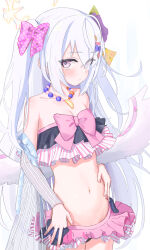 Rule 34 | 1girl, absurdres, angel wings, azusa (blue archive), azusa (swimsuit) (blue archive), bikini, blue archive, blush, closed mouth, collarbone, commentary, cowboy shot, frilled bikini, frills, hair between eyes, halo, highres, long hair, looking at viewer, navel, official alternate costume, pink eyes, porty ramram, simple background, solo, swimsuit, white background, white hair, white wings, wings, yellow halo