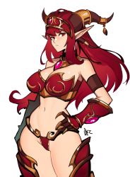 Rule 34 | 1girl, absurdres, alexstrasza, armor, bare shoulders, bikini, bikini armor, breasts, cleavage, closed mouth, distr, gloves, hand on own hip, highres, horn ornament, horn ring, horns, large breasts, long eyebrows, long hair, looking at viewer, navel, pointy ears, red bikini, red eyes, red gloves, red hair, signature, simple background, slit pupils, solo, standing, swimsuit, warcraft, white background, world of warcraft