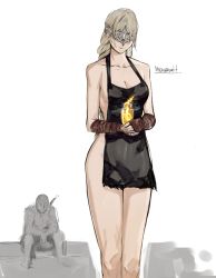 Rule 34 | 1girl, apron, blindfold, blonde hair, breasts, cleavage, closed mouth, collarbone, covered eyes, dark souls (series), dark souls iii, fire keeper, highres, iced latte with breast milk (meme), large breasts, long hair, looking at viewer, mask, meme, naked apron, solo, starbucks, yourfreakyneighbourh