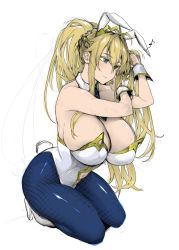 Rule 34 | 1girl, ahoge, animal ears, artoria pendragon (all), artoria pendragon (fate), artoria pendragon (swimsuit ruler) (fate), bare shoulders, blonde hair, blue neckwear, blue pantyhose, braid, breasts, cleavage, closed mouth, clothing cutout, detached collar, fake animal ears, fate/grand order, fate (series), fishnet pantyhose, fishnets, french braid, green eyes, hair between eyes, high heels, highleg, highleg leotard, kneeling, large breasts, leotard, navel, navel cutout, pantyhose, playboy bunny, ponytail, rabbit ears, sidelocks, simple background, soba (saz), thighs, tiara, tying hair, white background, white leotard, wrist cuffs