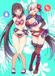 Rule 34 | 2girls, american flag bikini, american flag print, ankle boots, asymmetrical legwear, bikini, bikini bottom only, black bikini, black gloves, black hair, blue eyes, blush, boots, breasts, elbow gloves, embarrassed, fate/grand order, fate (series), flag print, frilled legwear, gloves, grey hair, highres, large breasts, long hair, looking at another, medium breasts, miyamoto musashi (fate), miyamoto musashi (fate/grand order), miyamoto musashi (swimsuit berserker) (fate), miyamoto musashi (swimsuit berserker) (second ascension) (fate), multiple girls, navel, one eye closed, osakabehime (fate), osakabehime (swimsuit archer) (fate), osakabehime (swimsuit archer) (second ascension) (fate), pink hair, print bikini, purple bikini, purple eyes, sakura tsubame, smile, swimsuit, thigh boots, thighhighs, twintails, uneven legwear, very long hair