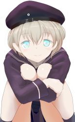 Rule 34 | 10s, 1girl, beret, blonde hair, blue eyes, blush, clothes writing, dress, hat, highres, ishikkoro, kantai collection, hugging own legs, looking at viewer, open mouth, personification, sailor collar, sailor dress, sailor hat, short hair, sitting, solo, z1 leberecht maass (kancolle)