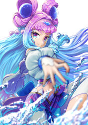 Rule 34 | 1girl, blue eyes, blue hair, blurry, closed mouth, crop top, cure la mer, floating hair, gradient hair, hair ornament, highres, long hair, long sleeves, looking at viewer, midriff, multicolored hair, nail polish, navel, pants, pink eyes, pink hair, precure, shrimp1634, smile, solo, stomach, tropical-rouge! precure, very long hair, white background, white pants, white sleeves