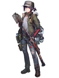 Rule 34 | 1boy, androgynous, backpack, bag, belt, belt pouch, black footwear, black gloves, black hair, blood, blood on clothes, bottle, clipboard, dairoku ryouhei, denim, earbuds, earphones, fingerless gloves, flashlight, full body, fur trim, gas mask, gloves, green hat, green jacket, hat, hetza (hellshock), holding, holstered, jacket, jeans, lantern, looking at viewer, male focus, mask, pants, parted lips, pen, ponytail, pouch, red eyes, shirt, shoes, solo, standing, sword, thigh strap, torn clothes, transparent background, water bottle, weapon, white shirt