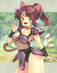 Rule 34 | 1girl, animal ears, arm up, armor, belt, black panties, bracer, breastplate, breasts, brown hair, brown shirt, cat ears, cat tail, claw pose, cleavage, facial mark, forehead jewel, forest, green eyes, highres, kouryuu densetsu villgust, long hair, minaminamina, nature, open mouth, outdoors, panties, pauldrons, ryuquir (villgust), shirt, shoulder armor, smile, solo, strapless shirt, tail, thighs, tree, underwear