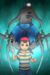 Rule 34 | 1boy, baseball cap, black hair, blue background, card, clenched hand, guilhermerm, hat, index finger raised, male focus, mother (game), mother 2, ness (mother 2), nintendo, parted lips, persona, red hat, shirt, sideways hat, simple background, solo, starman (mother), striped clothes, striped shirt, tarot, the moon (tarot)
