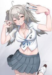 Rule 34 | 1girl, alternate costume, blush, breasts, cellphone, cleavage, collared shirt, commentary request, grey background, grey eyes, grey hair, grey skirt, highres, holding, holding phone, hololive, jewelry, large breasts, long hair, nail polish, navel, necklace, one eye closed, parted lips, phone, pleated skirt, selfie, shirt, shishiro botan, short sleeves, shougun (chuckni1), skirt, smartphone, smile, solo, teeth, virtual youtuber, white shirt