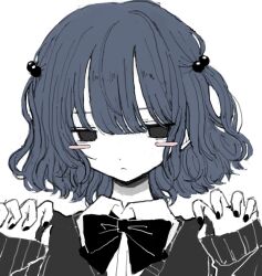 Rule 34 | 1girl, bow, bowtie, closed mouth, collared shirt, dot nose, empty eyes, expressionless, greyscale, hair between eyes, hair bobbles, hair ornament, hands up, looking at viewer, monochrome, nail polish, noroi (rnatataki), original, portrait, red bow, red bowtie, shirt, simple background, sleeves past wrists, solo, two side up, white background