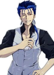 Rule 34 | 1boy, blue hair, casual, cigarette, cu chulainn (fate), cu chulainn (caster) (fate), earrings, fate/stay night, fate (series), grin, hand on own hip, hoop earrings, jewelry, cu chulainn (fate/stay night), long hair, male focus, nasuhara (paranas1995), one eye closed, ponytail, red eyes, sleeves pushed up, smile, solo, vest