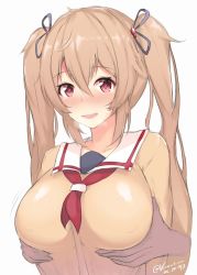 Rule 34 | 10s, 1girl, blush, grabbing another&#039;s breast, breasts, cardigan, dated, disembodied hand, grabbing, hair between eyes, hair tie, jacket, kantai collection, kuavera, large breasts, light brown hair, long hair, looking at viewer, murasame (kancolle), open mouth, red eyes, simple background, solo, solo focus, twintails, twitter username, upper body, white background, yellow jacket