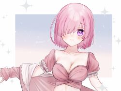 Rule 34 | 1girl, alternate costume, blush, breasts, cleavage, closed mouth, collarbone, crop top, fate/grand order, fate (series), hair over one eye, harukappa, highres, looking at viewer, mash kyrielight, medium breasts, pink eyes, pink hair, short hair, short sleeves, smile, solo, straight hair, upper body
