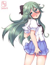 Rule 34 | 1girl, alternate costume, artist logo, black ribbon, blue skirt, blush, commentary request, cowboy shot, dated, from behind, green eyes, green hair, hair between eyes, hair flaps, hair ornament, hair ribbon, hairclip, highres, kanon (kurogane knights), kantai collection, long hair, looking at viewer, looking back, parted bangs, pleated skirt, ponytail, ribbon, sailor collar, sailor shirt, shirt, sidelocks, simple background, skirt, solo, white background, white sailor collar, white shirt, yamakaze (kancolle)