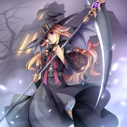 Rule 34 | 1girl, blonde hair, choker, dress, fang, female focus, hat, house, long hair, mask, nature, original, outdoors, scythe, skull mask, sky, solo, taiyou, tree, vampire, wings, witch, witch hat