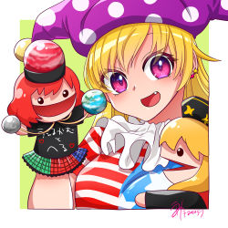 Rule 34 | 1girl, american flag print, american flag shirt, arm up, arms up, artist name, black dress, black eyes, black hat, black shirt, blonde hair, blouse, blue skirt, blush, border, breasts, character doll, chinese clothes, clothes writing, clownpiece, commentary request, crescent, doll, dress, earrings, earth (ornament), eyes visible through hair, fang, frills, green background, green skirt, hair between eyes, hand up, hands up, hat, heart, heart earrings, heart print, hecatia lapislazuli, highres, jester cap, jewelry, junko (touhou), long hair, long sleeves, looking at another, looking at viewer, medium breasts, moon (ornament), multicolored clothes, multicolored skirt, neck ruff, open mouth, orange hair, outside border, phoenix crown, pink eyes, plaid, plaid skirt, polka dot, print shirt, purple hat, red hair, red skirt, shirt, short hair, short sleeves, simple background, skirt, smile, solo, star (symbol), star earrings, striped clothes, striped shirt, t-shirt, tongue, touhou, umetake moka, underworld (ornament), white border, wide sleeves