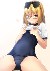 Rule 34 | 1girl, black bow, blonde hair, blue one-piece swimsuit, blush, bow, brown background, closed mouth, clothes lift, commentary request, glasses, gradient background, green eyes, gym shirt, hair between eyes, hair bow, heart, highres, leaning back, lifting own clothes, long hair, old school swimsuit, one-piece swimsuit, original, red-framed eyewear, school swimsuit, shibacha, shirt, shirt lift, short sleeves, sitting, solo, swimsuit, swimsuit under clothes, white background, white shirt