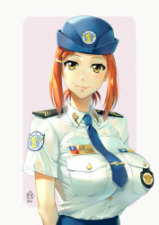 Rule 34 | 1girl, arms behind back, breasts, ge xi, hair ornament, hairclip, hat, highres, huge breasts, levasol defense corps, looking at viewer, necktie, orange hair, original, police, police hat, police uniform, policewoman, short hair, smile, solo, uniform, upper body, witches in 7th base, yellow eyes