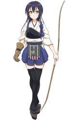 Rule 34 | 10s, 1girl, black thighhighs, blue hair, bow (weapon), closed mouth, commentary request, cosplay, flight deck, full body, gloves, hair between eyes, hakama, hakama short skirt, hakama skirt, highres, holding, holding weapon, japanese clothes, kaga (kancolle), kaga (kancolle) (cosplay), kantai collection, long hair, looking at viewer, love live!, love live! school idol project, machinery, muneate, partially fingerless gloves, partly fingerless gloves, simple background, skirt, solo, sonoda umi, standing, tetopetesone, thighhighs, trait connection, weapon, white background, yellow eyes, yugake, yumi (bow), zettai ryouiki