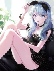 Rule 34 | 1girl, belt, black choker, black ribbon, blue eyes, blue hair, blue nails, bracelet, breasts, choker, cleavage, collarbone, commentary request, couch, cross, cross choker, dress, earrings, frills, hair ribbon, jewelry, knees up, light blue hair, long hair, looking at viewer, magako, nail polish, necklace, open mouth, original, pearl necklace, plant, ribbon, silver hair, sitting, solo