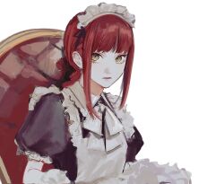 Rule 34 | 1girl, apron, braid, braided ponytail, chainsaw man, expressionless, kamo (kamonegioisi), looking at viewer, maid, maid apron, maid headdress, makima (chainsaw man), medium hair, puffy short sleeves, puffy sleeves, red hair, ringed eyes, short sleeves, sidelocks, simple background, solo, white background, yellow eyes