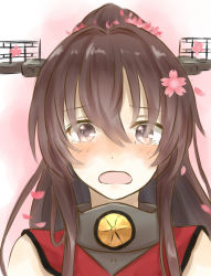 Rule 34 | 10s, 1girl, azuuru (azure0608), bad id, bad pixiv id, brown eyes, brown hair, crying, crying with eyes open, flower, hair flower, hair ornament, highres, kantai collection, long hair, looking at viewer, personification, ponytail, solo, tears, yamato (kancolle)