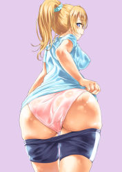 Rule 34 | 10s, 1girl, ass, ayase eli, bike shorts, blonde hair, blue eyes, blush, breasts, clothes pull, from behind, huge ass, inu (aerodog), large breasts, long hair, looking at viewer, looking back, love live!, love live! school idol festival, love live! school idol project, no bra, panties, pink panties, ponytail, scrunchie, shorts, shorts pull, solo, sweat, underwear, wide hips