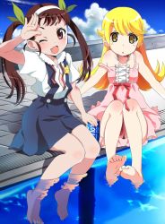 Rule 34 | 2girls, barefoot, blonde hair, blush stickers, breasts, brown hair, dress, fang, flat chest, hachikuji mayoi, highres, in water, long hair, monogatari (series), msmrdaaaaa, multiple girls, one eye closed, open mouth, oshino shinobu, pink dress, red eyes, salute, sitting, skin fang, sky, small breasts, strap slip, twintails, unbuttoned, unbuttoned shirt, water, yellow eyes