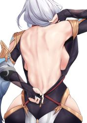 Rule 34 | 1girl, ass, back, back focus, backboob, backless outfit, bare back, black bodysuit, blue nails, bodysuit, bodysuit pull, breasts, butt crack, clothing cutout, facing away, from behind, genshin impact, grey eyes, grey hair, hip vent, large breasts, long hair, maskwolf, median furrow, nail polish, pulling own clothes, sagging breasts, shenhe (genshin impact), shoulder cutout, solo, standing, tight clothes, unzipped, wide hips
