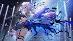 Rule 34 | 1girl, absurdres, amane kanata, amane kanata (another world), bandaged arm, bandages, black bra, black collar, black gloves, blue flower, blue hair, blue rose, blue skirt, blue wings, blush, bra, chest harness, collar, colored inner hair, commentary request, confetti, flower, gloves, glowstick, gradient wings, grey hair, grey wings, hair bun, halo, hand on own chest, harness, heart o-ring, highres, holding, holding microphone, hololive, juu p, lace, lace-trimmed bra, lace trim, layered skirt, long hair, microphone, microphone stand, miniskirt, multicolored hair, multicolored wings, o-ring, o-ring thigh strap, o-ring top, official alternate costume, open mouth, purple eyes, purple hair, rose, sidelocks, single hair intake, skindentation, skirt, solo, stage, stage lights, star halo, streaked hair, sweat, thigh strap, thighs, underwear, virtual youtuber, wings