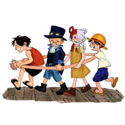 Rule 34 | 1girl, 3boys, aged down, asymmetrical bangs, bandaid, black hair, blonde hair, child, closed eyes, following, full body, goggles, goggles on headwear, grin, hair over one eye, hat, highres, long hair, monkey d. luffy, multicolored hair, multiple boys, napp, one eye covered, one piece, one piece film: red, open mouth, patch, portgas d. ace, sabo (one piece), sandals, short hair, smile, straw hat, streaked hair, teeth, time paradox, top hat, twintails, two-tone hair, uta (one piece), walking