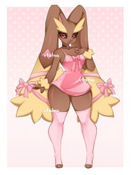Rule 34 | 1girl, animal ears, artist name, black choker, black sclera, border, bow, breasts, chemise, choker, clothed pokemon, colored sclera, creatures (company), ear ribbon, full body, furry, furry female, game freak, gen 4 pokemon, gradient background, hand on own chest, heart, heart choker, highres, looking at viewer, lopunny, nintendo, open mouth, pink background, pink bow, pink chemise, pink thighhighs, pokemon, pokemon (creature), polka dot, polka dot background, red eyes, small breasts, solo, thighhighs, vtalna, watermark, white background, white border