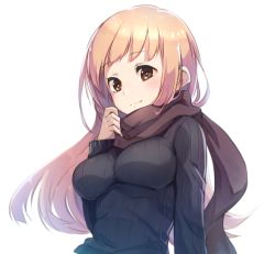 Rule 34 | 1girl, black sweater, blush, breasts, brown eyes, brown scarf, closed mouth, commentary request, hand up, large breasts, light brown hair, long hair, long sleeves, lowres, manmaru tamago, original, ribbed sweater, scarf, simple background, sleeves past wrists, smile, solo, sweater, upper body, white background