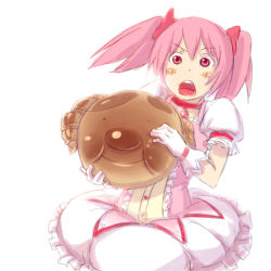 Rule 34 | &gt;:d, 10s, 1girl, :d, bad id, bad pixiv id, blush stickers, bread, food, hair ribbon, kaname madoka, mahou shoujo madoka magica, mahou shoujo madoka magica (anime), nucomas, open mouth, pink eyes, pink hair, ribbon, short hair, short twintails, simple background, smile, solo, twintails, v-shaped eyebrows, white background