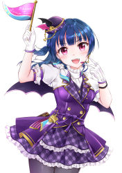Rule 34 | 1girl, absurdres, alternate hairstyle, around the world (love live!), artist name, artist request, black legwear, black wings, blue hair, blush, breasts, buttons, dress, drop earrings, earrings, female focus, flag, frilled dress, frills, gloves, hat, headphones, highres, holding, holding flag, jewelry, long hair, looking at viewer, love live!, love live! school idol festival, love live! school idol festival all stars, love live! sunshine!!, microphone, mini hat, miniskirt, neckwear request, parted lips, pink eyes, plaid, plaid dress, plaid skirt, pleated, pleated dress, pleated skirt, puffy short sleeves, puffy sleeves, purple dress, purple eyes, purple hat, purple ribbon, purple skirt, purple wings, ribbon, sharp teeth, short sleeves, skirt, small breasts, smile, solo, star (symbol), teeth, tsushima yoshiko, v, white background, white detached collar, white gloves, white neckwear, winged hat, wings