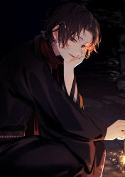 Rule 34 | 1boy, absurdres, earrings, fireworks, hand on own face, highres, japanese clothes, jewelry, kashuu kiyomitsu, looking at viewer, male focus, night, red eyes, side ponytail, squatting, sword, touken ranbu, weapon, yamada chickenko