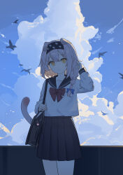 Rule 34 | 1girl, :t, absurdres, alternate costume, animal, animal ears, arknights, bag, bird, black hairband, black sailor collar, black skirt, blue bow, blue sky, bow, braid, cat ears, cat girl, cat tail, closed mouth, cloud, cloudy sky, commentary request, day, goldenglow (arknights), hair between eyes, hair bow, hairband, hand up, highres, lightning bolt print, long sleeves, looking at viewer, nagisa (cxcx5235), outdoors, pleated skirt, print hairband, puffy long sleeves, puffy sleeves, red bow, sailor collar, school bag, school uniform, serafuku, shirt, single braid, skirt, sky, solo, standing, tail, white shirt, yellow eyes