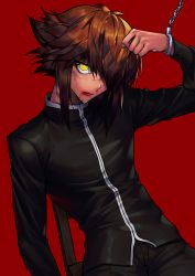 Rule 34 | 1boy, alternate costume, black pants, blood, blood from mouth, brown hair, bruise, commentary request, cuffs, gakuran, glowing, glowing eye, gradient hair, hair over one eye, handcuffs, highres, injury, light brown hair, male focus, multicolored hair, pants, red background, sangae, school uniform, short hair, solo, supreme king (yu-gi-oh! gx), upper body, yellow eyes, yu-gi-oh!, yu-gi-oh! gx, yuki judai