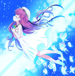 Rule 34 | 1girl, arched back, bare arms, barefoot, black ribbon, black sailor collar, blue butterfly, blue sky, bug, butterfly, closed eyes, closed mouth, cloud, commentary request, dress, feet, floating hair, from side, full body, hair between eyes, hair ribbon, hands up, highres, holding, insect, katou umi, knees together feet apart, light blush, long hair, ocean, profile, purple hair, ribbon, sailor collar, sky, smile, solo, soranagi, summer pockets, sundress, toes, two side up, very long hair, white headwear, yellow ribbon