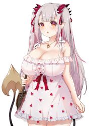 Rule 34 | 1girl, :o, bag, blunt bangs, blush, bow, breasts, buttons, center frills, cleavage, commentary request, cowboy shot, demon girl, demon horns, demon tail, dress, expressionless, frilled dress, frills, grey hair, groin, hair ribbon, handbag, heart, heart print, highres, honey strap, horns, jyaco, large breasts, long hair, looking at viewer, medium bangs, multicolored hair, nanashi inc., open mouth, pink hair, pointy ears, print dress, red bow, red horns, red ribbon, ribbon, short dress, simple background, solo, streaked hair, suou patra, tail, transparent background, two-tone hair, virtual youtuber, white bow, white dress
