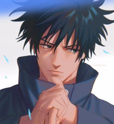 Rule 34 | 1boy, black hair, blue eyes, buttons, closed mouth, eyelashes, fingernails, frown, fushiguro megumi, hair between eyes, high collar, highres, jacket, jujutsu kaisen, long sleeves, looking away, male focus, marrbl, own hands together, portrait, school uniform, short hair, solo, spiked hair