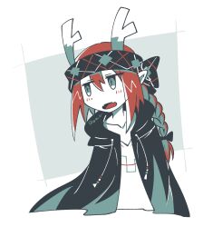Rule 34 | 1girl, absurdres, antlers, black hoodie, braid, collarbone, cross-shaped pupils, drawstring, fangs, headband, highres, hood, hood down, hoodie, horns, hotate oishii, jitome, limited palette, long hair, open mouth, original, pointy ears, red hair, signature, skin fangs, solo, symbol-shaped pupils