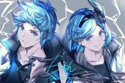 Rule 34 | 1boy, 1girl, anniversary, bad id, bad pixiv id, black hairband, black shirt, blue eyes, blue hair, closed mouth, collarbone, commentary request, djeeta (granblue fantasy), earrings, gran (granblue fantasy), granblue fantasy, grey background, grey jacket, guider to the eternal edge, hair ornament, hairband, highres, jacket, jewelry, milli little, open clothes, open jacket, parted lips, shirt, smile, stud earrings, swept bangs, upper body, v-shaped eyebrows